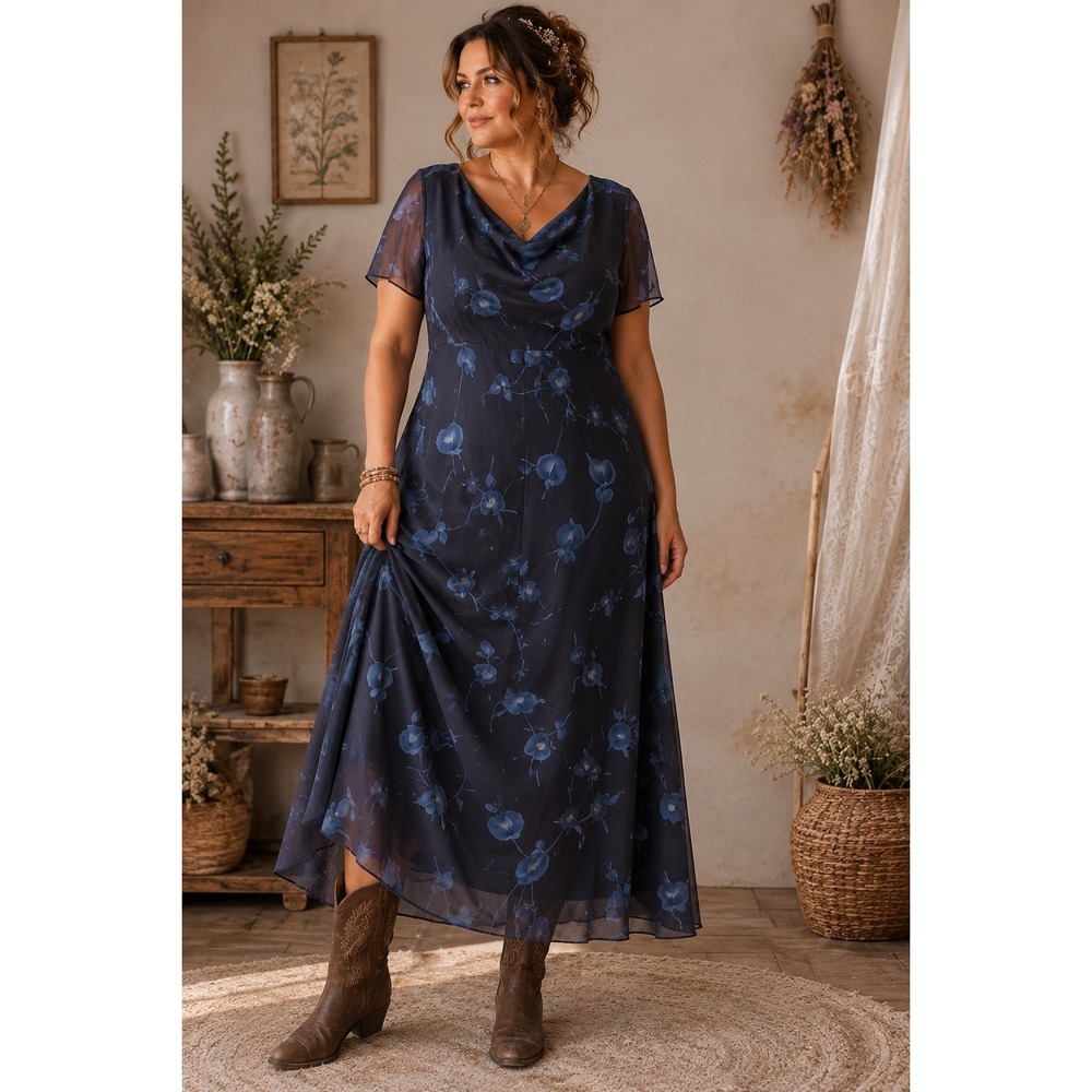 Boho Cottagecore Y2K 90s Talbots Blue Floral Roses Chiffon Lined 14 Maxi Dress